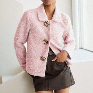 Pink Casual Women's Floral Jacquard Knit Long Sleeve Cardigan